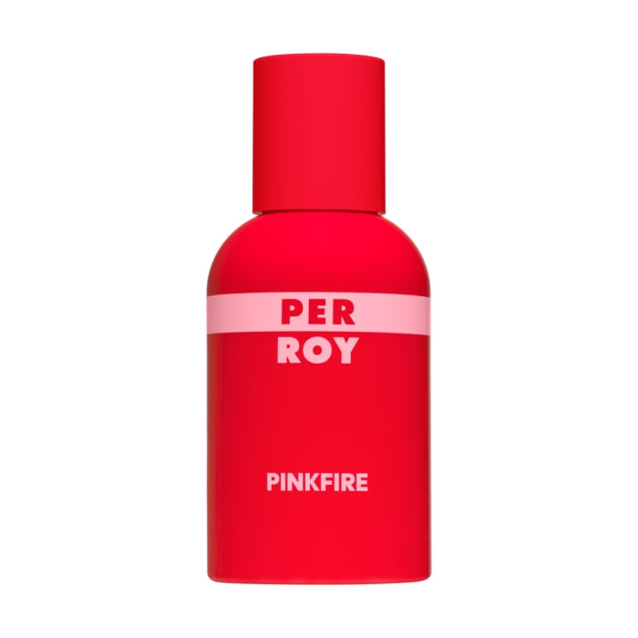 Perroy Parfum - Pink Fire roter Flakon mit rosa Schriftzug auf weißem Hintergrund, intensiver, fruchtiger Duft mit holzigen Noten