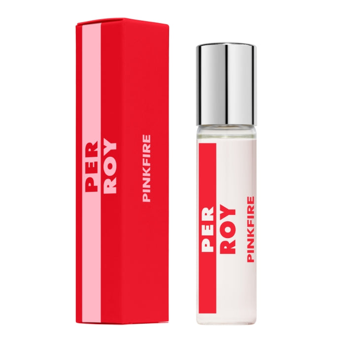 Perroy Parfum - Pink Fire schlanker Flakon mit silbernem Verschluss neben roter Verpackung mit kräftigem Schriftzug