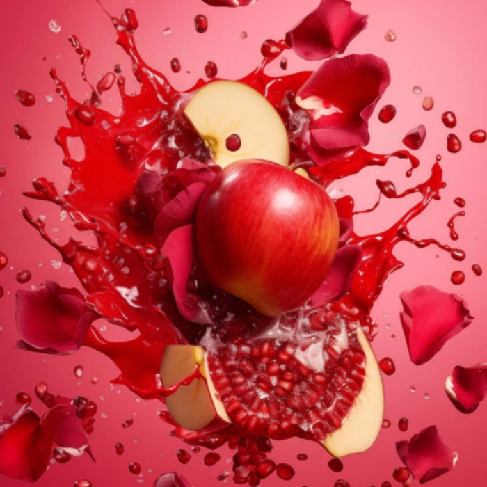 Perroy Parfum - Pink Fire fruchtiger Apfel, Granatapfel und Rosenblätter vor lebendigem, rotem Hintergrund