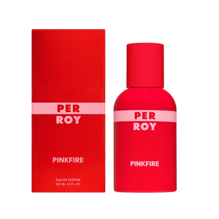 Perroy Parfum - Pink Fire roter Flakon und Verpackung mit zartem rosa Schriftzug vor weißem Hintergrund