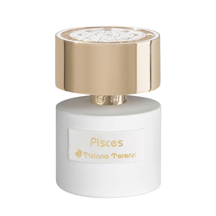 Tiziana Terenzi - Pisces Parfumflakon in Weiß mit goldenem Verschluss und astrologischem Sternzeichen-Motiv oben drauf
