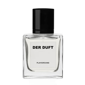 DER DUFT - Playground Parfumflakon mit klarer, minimalistischer Form und schwarzem Verschluss vor weißem Hintergrund