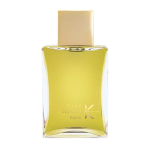 Ella K - Poème de Sagano eleganter transparenter Flakon mit goldfarbenem Verschluss vor weißem Hintergrund