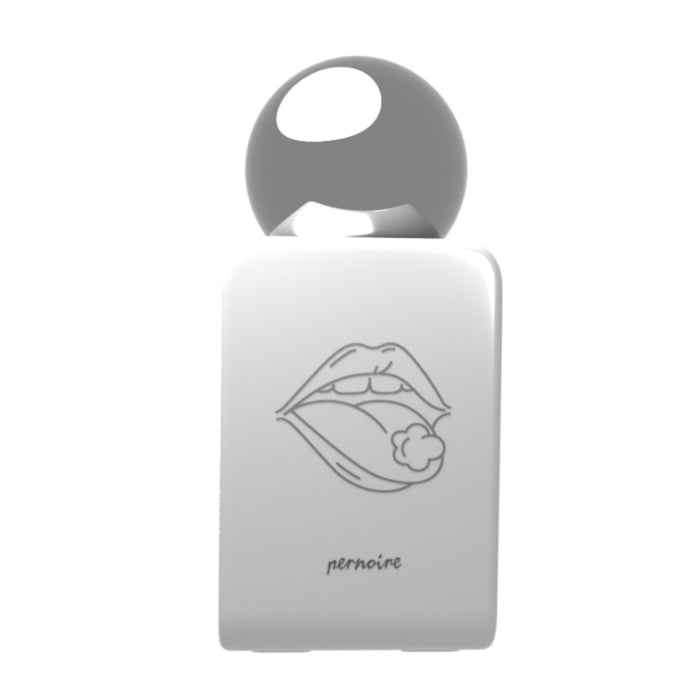 Pernoire - Odus Collection - Poka Parfumflakon in Weiß mit rundem silbernem Verschluss und minimalistischer Lippenillustration