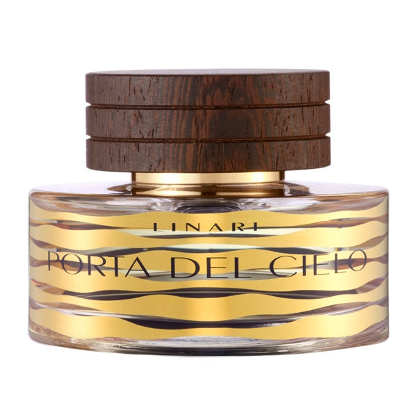 Linari - Porta del Cielo Flakon mit rundem Holzdeckel und goldenem Wellenmuster, elegantes Design für edlen Duft