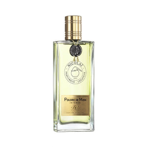 Nicolaï - Poudre de Musc Intense eleganter klarer Flakon mit goldenem Verschluss und Beschriftung auf weißem Hintergrund