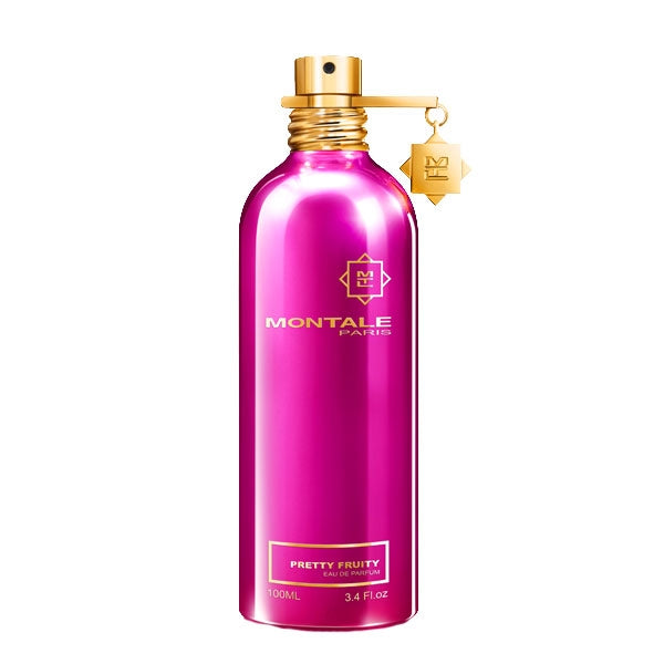 Montale - Pretty Fruity lebhaft pinker Flakon mit goldfarbenem Verschluss und elegantem Anhänger vor weißem Hintergrund