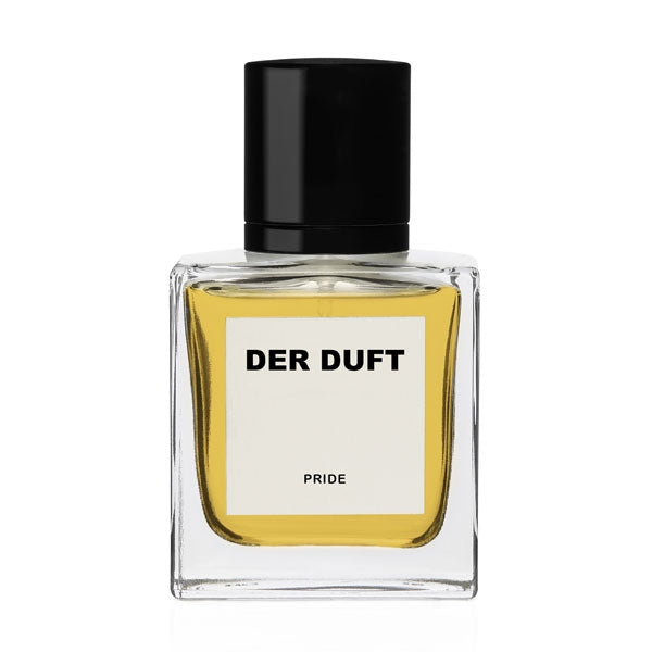 DER DUFT - Pride Parfumflakon mit klarem rechteckigem Glas und schwarzem Verschluss, gelber Duftflüssigkeit sichtbar