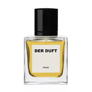 DER DUFT - Pride Parfumflakon mit klarem rechteckigem Glas und schwarzem Verschluss, gelber Duftflüssigkeit sichtbar