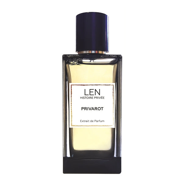 LEN - Histoire Privée - Privarot Parfumflakon mit klarer Glasflasche und schwarzem Verschluss vor weißem Hintergrund