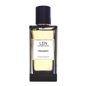 LEN - Histoire Privée - Privarot Parfumflakon mit klarer Glasflasche und schwarzem Verschluss vor weißem Hintergrund