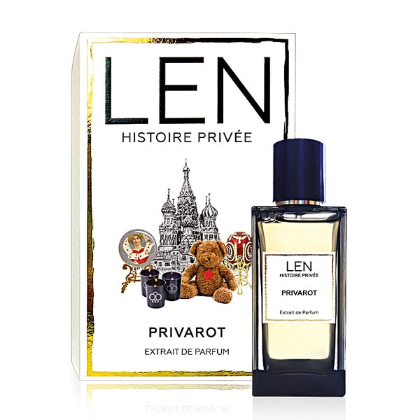 LEN - Histoire Privée - Privarot Parfumflakon mit elegantem Etikett vor Verpackung mit russischen Motivdetails