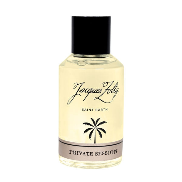 Jacques Zolty - Original Collection - Private Session Parfumflakon mit schwarzem Deckel und Palmenmotiv vor weißem Hintergrund