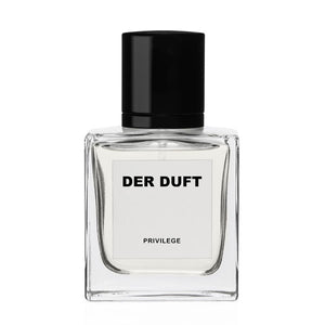 DER DUFT - Privilege Parfumflakon mit klarem Glas, farblosem Duft und schwarzem Verschluss vor weißem Hintergrund