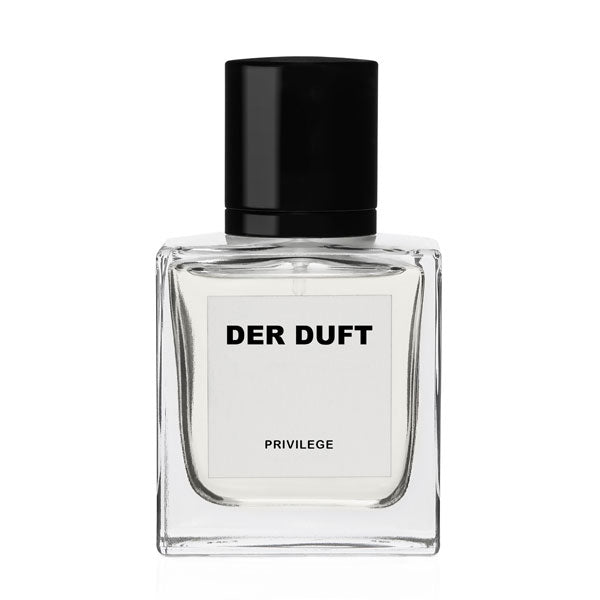 DER DUFT - Privilege Parfumflakon mit klarem Glas, farblosem Duft und schwarzem Verschluss vor weißem Hintergrund