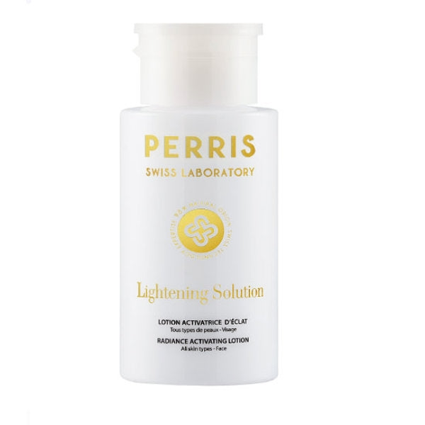 Perris Swiss Laboratory - Lightening Solution - Radiance Activating Lotion in weißer Flasche mit goldener Schrift für intensive Hautpflege