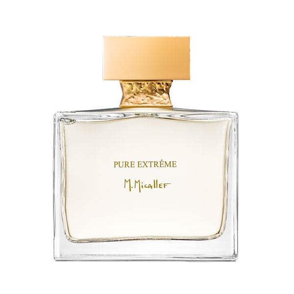 Micallef - Pure Extrême klarer Flakon mit goldenem Verschluss vor weißem Hintergrund minimalistisch und elegant