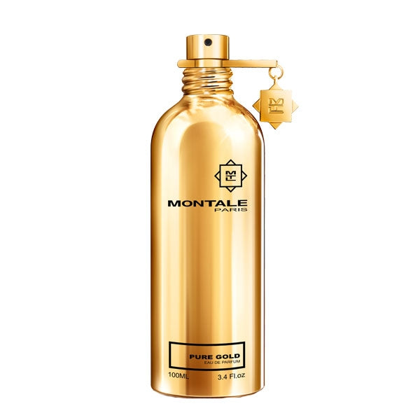 Montale - Pure Gold Flakon in glänzendem Gold mit zartem Anhänger vor weißem Hintergrund