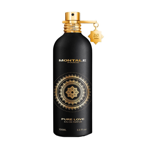 Montale - Pure Love Flakon in mattem Schwarz mit goldfarbenem Sprühkopf und filigranem Mandala-Motiv vor weißem Hintergrund