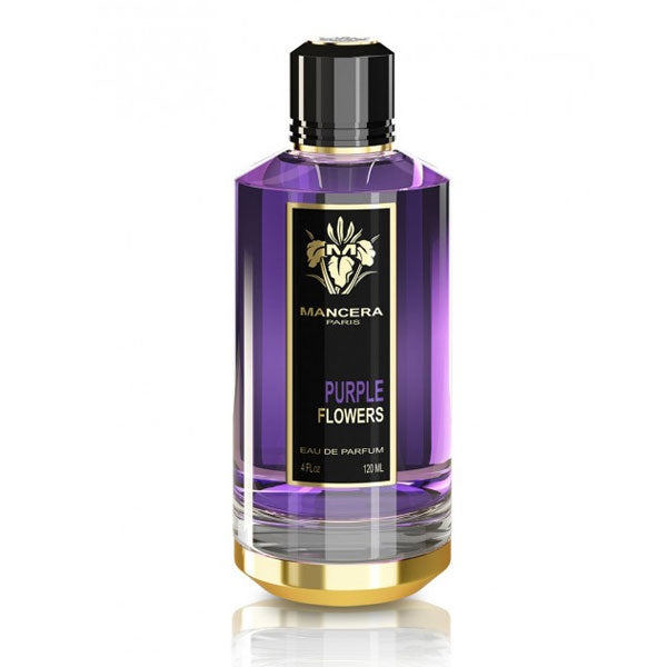 Mancera - Purple Flowers Parfumflakon in violettem Glas mit schwarzem Etikett und goldfarbenem Boden vor weißem Hintergrund