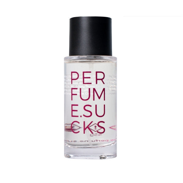 PERFUME.SUCKS - Purple 222C klarer Flakon mit schwarzem Verschluss und violetter Schrift auf weißem Hintergrund