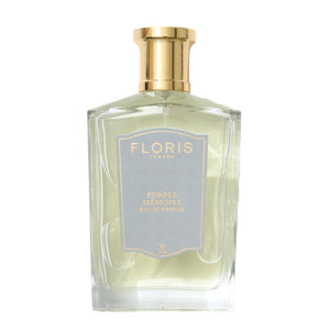 Floris - Purple Mémoire klarer Parfumflakon mit goldenem Verschluss und zartem Etikett auf weißem Hintergrund