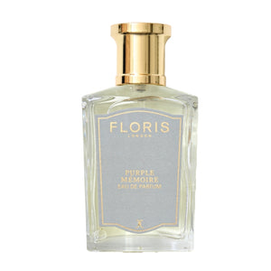 Floris - Purple Mémoire eleganter klarer Parfumflakon mit goldenem Verschluss und zart bläulichem Etikett auf weißem Hintergrund