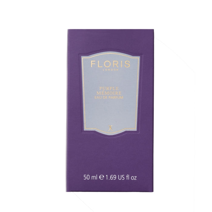 Floris - Purple Mémoire elegante violette Verpackung mit hellblauem Etikett und goldener Schrift auf weißem Hintergrund