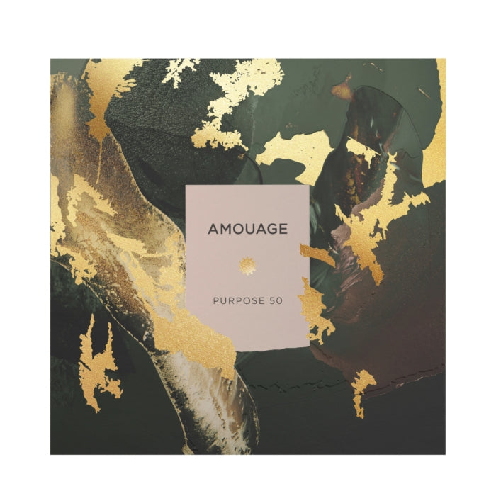 Amouage - Purpose 50 zeigt edle Verpackung mit goldenen Akzenten auf dunklem Hintergrund in künstlerischem Design