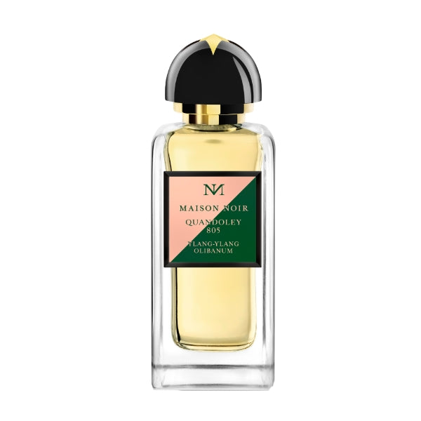 Maison Noir - Quandoley 805 Parfümflakon mit klaren Linien, goldenem Inhalt und elegantem schwarz-goldenem Verschluss