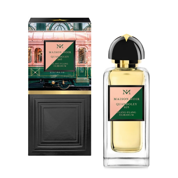 Maison Noir - Quandoley 805 Parfümflakon mit klarem Glas, goldenem Verschluss und Verpackung mit nostalgischem Zugmotiv