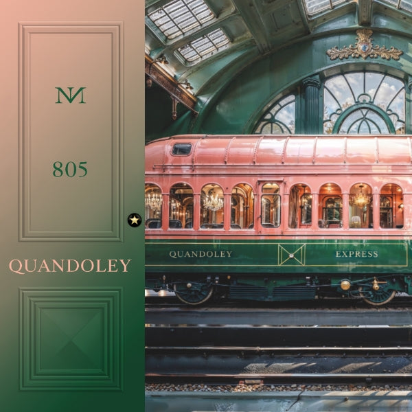 Maison Noir - Quandoley 805 zeigt einen nostalgischen Luxuszug in einem historischen Bahnhof mit elegantem grün-rosa Design