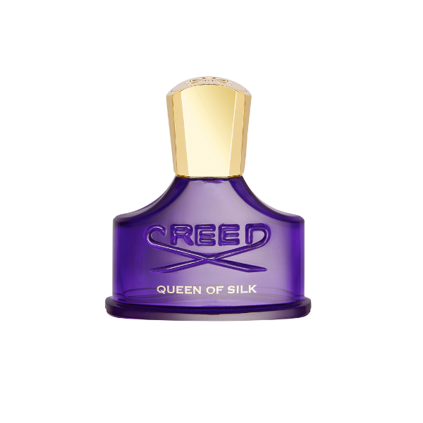 Creed - Queen of Silk Parfumflakon in tiefviolett mit goldener Kappe auf weißem Hintergrund elegant präsentiert