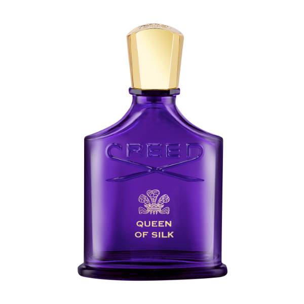 Creed - Queen of Silk Parfumflakon in tiefem Violett mit goldenem Verschluss vor weißem Hintergrund