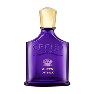 Creed - Queen of Silk Parfumflakon in tiefem Violett mit goldenem Verschluss vor weißem Hintergrund