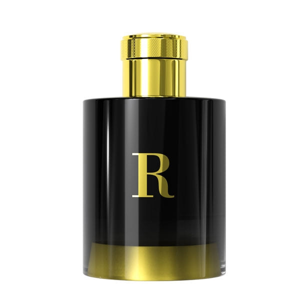 Pantheon Roma - Exclusive Collection - R edler schwarzer Flakon mit goldfarbenem Verschluss und goldenem Schriftzug R vor weißem Hintergrund