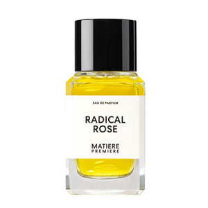 Matière Première - Radical Rose zeigt rechteckigen Flakon mit schwarzem Verschluss und goldgelbem Duft vor weißem Hintergrund