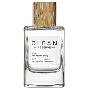Clean Perfume - Reserve - rain [reserve blend] Parfumflakon mit klarem Glas und Holzverschluss vor weißem Hintergrund