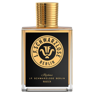 J. F. Schwarzlose Berlin - Rausch Flakon mit goldfarbenem Verschluss und schwarzem Etikett in modernem Design