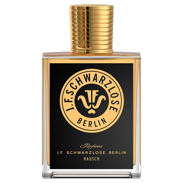 J. F. Schwarzlose Berlin - Rausch Flakon mit goldfarbenem Verschluss und schwarzem Etikett in modernem Design