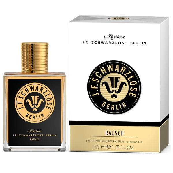 J. F. Schwarzlose Berlin - Rausch Flakon mit goldfarbenem Verschluss und edler schwarzer Etikettgestaltung im eleganten Weißkarton