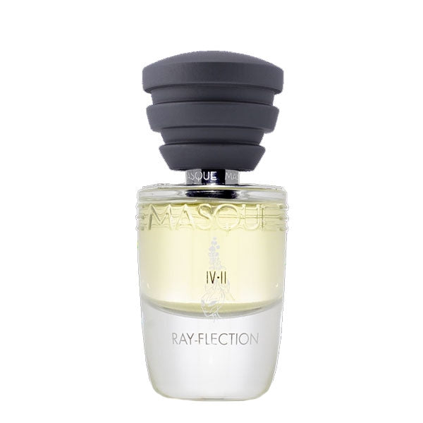 Masque Milano - Act IV–II - Ray-Flection Parfumflakon mit klarem Glas und schwarzem, gestuftem Deckel vor weißem Hintergrund