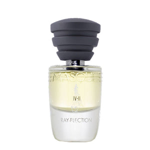 Masque Milano - Act IV–II - Ray-Flection Parfumflakon mit klarem Glas und schwarzem, gestuftem Deckel vor weißem Hintergrund