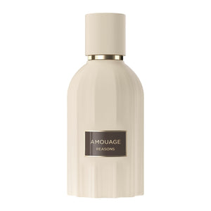 Amouage - Essences Collection - Reasons zeigt cremefarbenen Flakon mit goldfarbenem Etikett vor weißem Hintergrund
