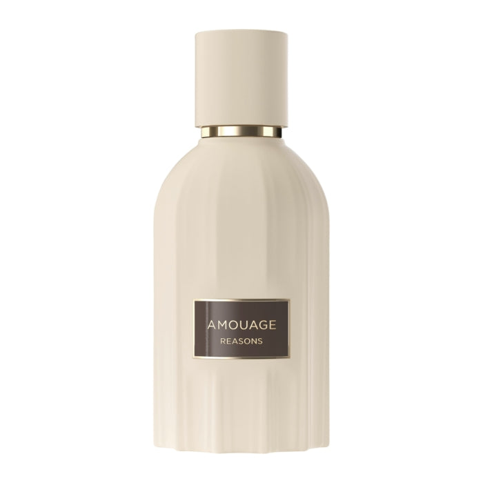 Amouage - Essences Collection - Reasons zeigt cremefarbenen Flakon mit goldfarbenem Etikett vor weißem Hintergrund