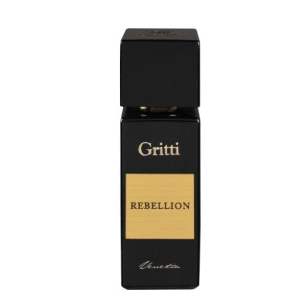 Gritti - Black Collection - Rebellion Parfumflakon in schwarzem Design mit goldfarbenem Etikett vor weißem Hintergrund