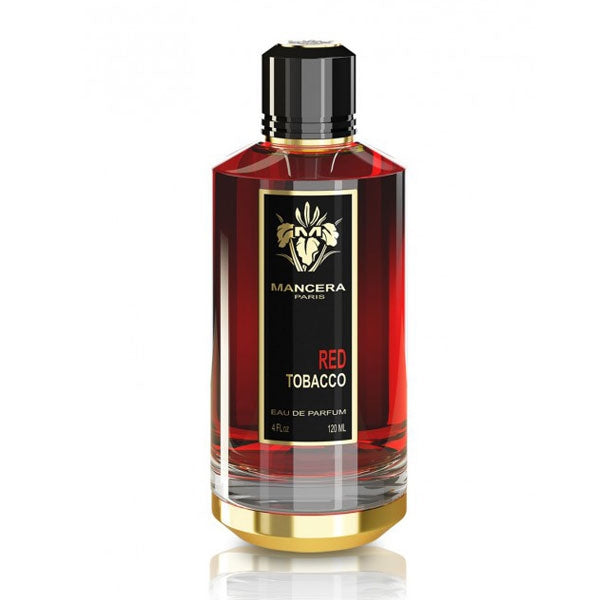 Mancera - Red Tobacco Parfumflakon in tiefrotem Glas mit schwarzem Etikett und goldfarbenem Boden auf weißem Hintergrund