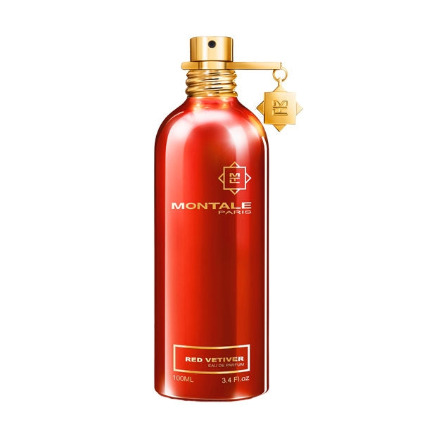 Montale - Red Vetiver Parfumflakon in leuchtendem Rot mit goldfarbenem Sprühkopf vor weißem Hintergrund
