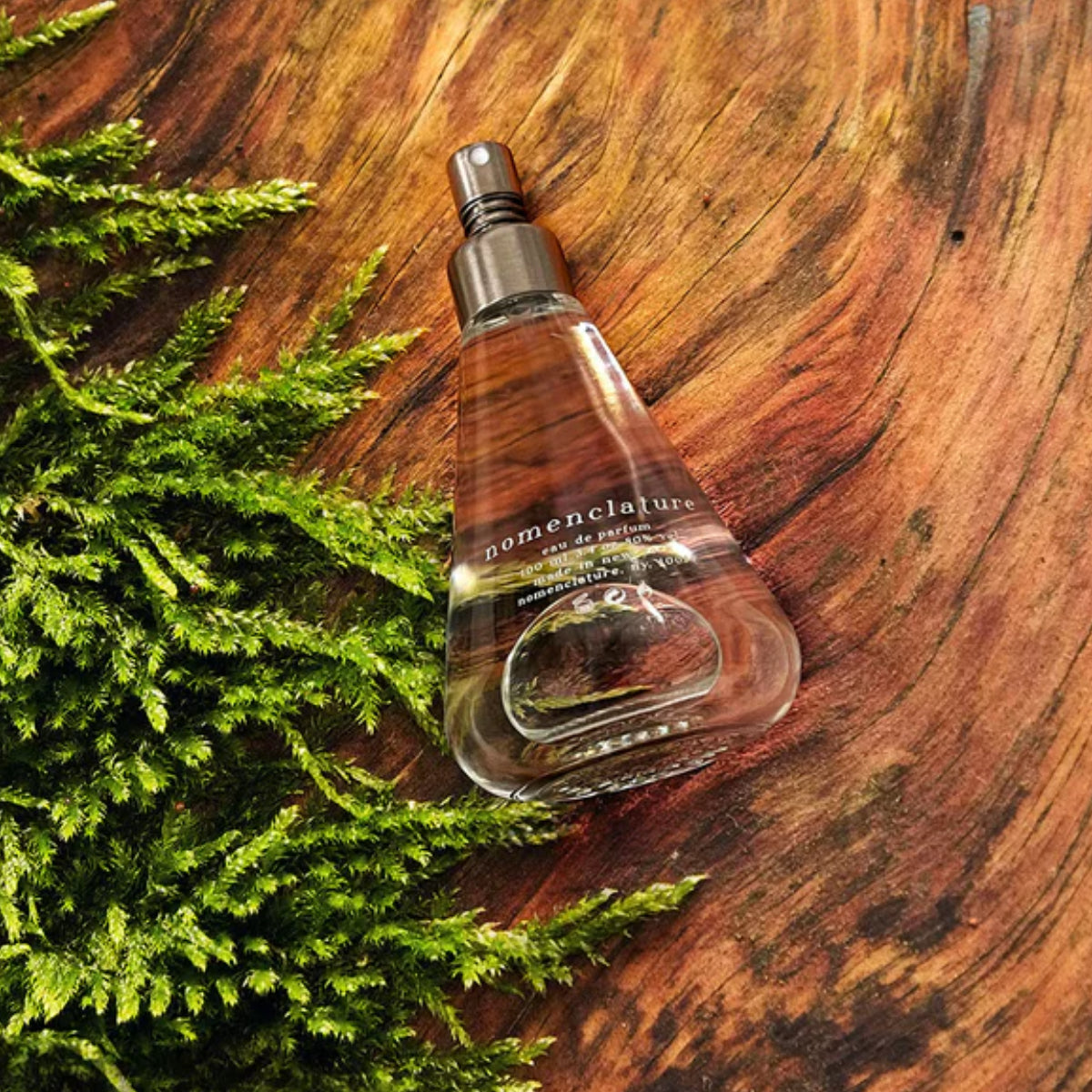 Nomenclature - red_wood Parfumflakon auf natürlichem Baumstammmuster mit frischem Moos im Hintergrund