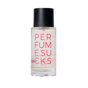 PERFUME.SUCKS - Red 198C Flakon mit schwarzem Verschluss und leuchtend roter Schrift auf weißem Hintergrund